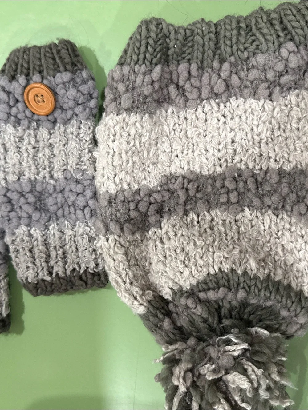 Striped Gray Knit Pom Beanie and Mittens Set with Button Accent